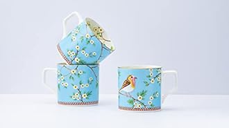 GOLDEN QUEEN'S Handcrafted Tea Cups - Set of 6 | Ideal for Everyday Tea and Coffee, Enhancing Your Daily Rituals - Blue Birdie