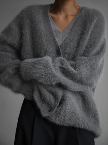 Image of chouyatou Women Furry Open Front Cardigan V-Neck Loose Casual Fluffy Knit Button Down Sweater Coat