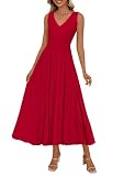 PRETTYGARDEN Summer Dresses for Women 2026 Spring Casual Sleeveless V Neck Pleated Midi Work Cocktail Wedding Guest Dress(Red,Medium)