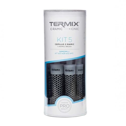 Termix C · Ramic – zestaw 5 przezroczystych okrągłych szczotek z technologią ceramiczną, które nadają włosom połysk i zapobiegają plątaniu się włosów. Zestaw zawiera średnicę Ø17, Ø23, Ø28, Ø32 i Ø43