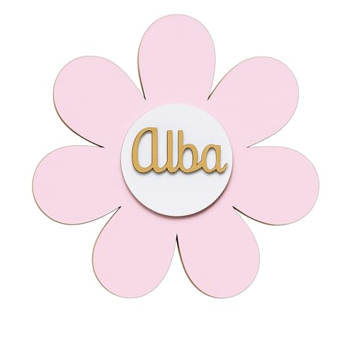 Placa decorativa Infantil de madera- flor Margarita Decorativa Personalizada con Nombre – Placa Infantil para Habitación, Puerta o Pared madera– Regalo Original Personalizado Bebé- Decoraciones niño