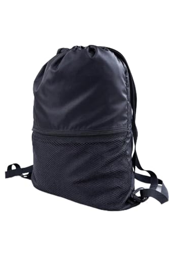 Mochila Saco em Nylon, Resistente à Água, com Bolso Externo em Tela e Zíper, Preta, Leve