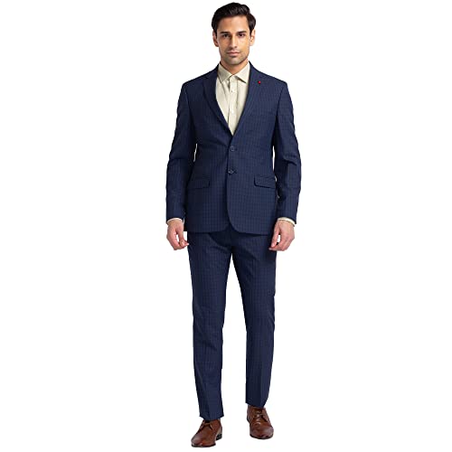 Image of Raymond Men's Contemporary Fit Poly Wool Blend Notch Lapel Checks Pattern Full Sleeve Dark Blue Formal Suit