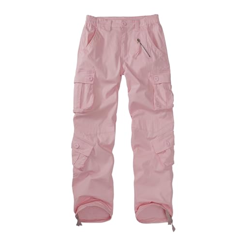 Sobrisah Women Mid-Rise Cargo Pants Heavy Cotton Casual Pants 8 Pockets Regular Fit/Plus Size Military Work Trousers Pink Size 8