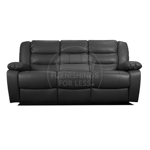 Furnishings For Less UK Venice leather Aire Black 3 Seater Manual Reclining Sofa High Back Padded Arms + Cup Holder (Black, 3 Seater Sofa)