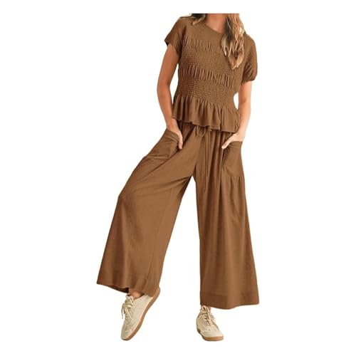 Flowy Sets Women 2 Piece Outfits–Boho Two Piece Lounge Sets For Women Summer Pants Set With Smocked Ruffle Top Wide Leg Pants