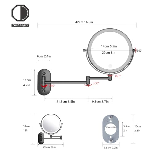 TUSHENGTU Espejo Maquillaje Pared con Luz Montado En La Pared De 8 Pulgadas con Aumento LED De 10x para Tocador, Baño Y Afeitado, Recargable por USB, Brillo Ajustable para Hotel Negro (8CBB10X) - imagen 4