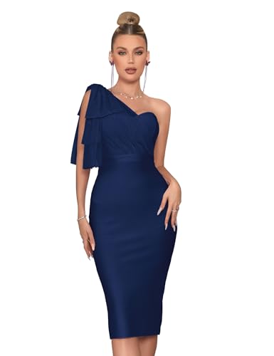 Image of Mesh One Shoulder Bow Bodycon Midi Graduation Birthday Dinner Dress Bandage Party Dress