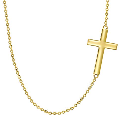 Fencci Solid 14K Yellow Gold Sideways Cross Necklace For Women, Dainty Gold Sideways Cross Choker Pendant Adjustable Necklace Jewelry For Her, 14+2 Inch (Yellow Gold) #TOP22