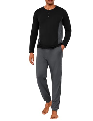 Marvmys Pijama homem longo inverno algodão conjunto manga comprida decote redondo cores contrastantes tops pijama com punhos calças com bolso e punhos, B-cinzento médio, M