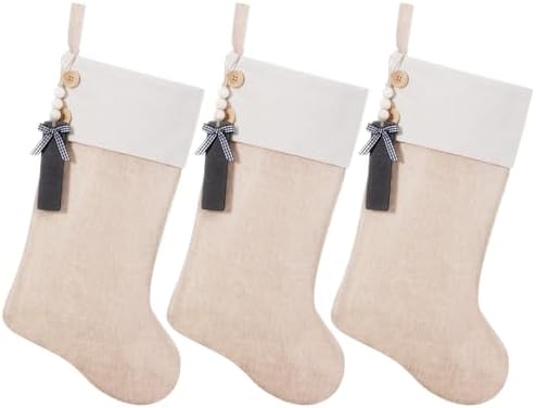 Shgngle 19.5 inch Personalized Burlap Christmas Stockings，Blank Wooden Tags DIY Name,Holiday Party Decor（flaxen 3Pcs）