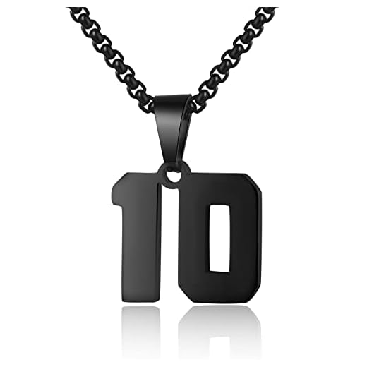 Number Necklace for Boy Athletes Number Stainless Steel Black Chain 00-99 Number Charm Pendant Personalized Sports Jewelry for Men Basketball Baseball Football(10)