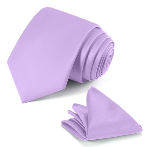 JUNMEISI Lavender Tie Set in Gift Box Mens Solid Color 3.15 (8CM) Light Purple Necktie and Pocket Square Set