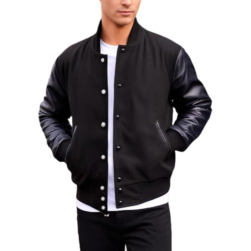 Unisex Women/Mens Lettermen's Jacket - Black Wool and Faux Leather