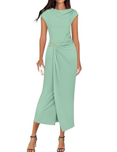 ZESICA Women's 2026 Summer Cap Sleeve Casual Bodycon Dress Elegant Wedding Guest Cocktail Party Formal Long Midi Dresses,Sage,X-Large