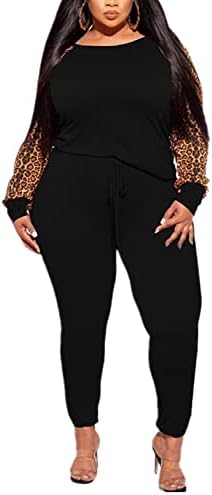 MRSFITOK Plus Size Leopard Print 2 Piece Outfit for Women Sweatsuits Sets Long Sleeve Tops and Sweatpans Sweatsuits Tracksuits Black XL