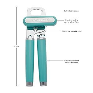 KitchenAid Classic Multifunction Can Opener and Bottle Opener Easy to Use Razor Sharp Stainless Steel Cutting Wheel Soft Ergonomic Handles Aqua Sky