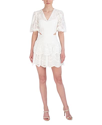 Bcbgmaxazria Women's Mini V Neck Puff Sleeve Cotton Eyelet A Line Dress, Off White #TOP8