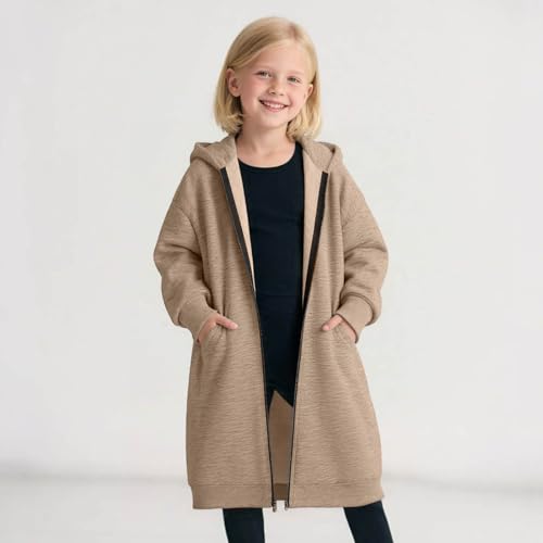 Long Hoodies for Girls Zip Up Jacket Oversized Hooded Sweatshirts Fall Winter Casual Fashion Clothes 2025 Girls Coat 3-13T3
