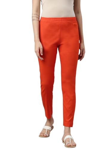 Image of MINELLI Women Solid Cigar Pants, Cotton Lycra Slub Fabric, Elasticated Waistband, Pull On Style, Regular Fit Bottom Wear for Western and Ethnic Wear