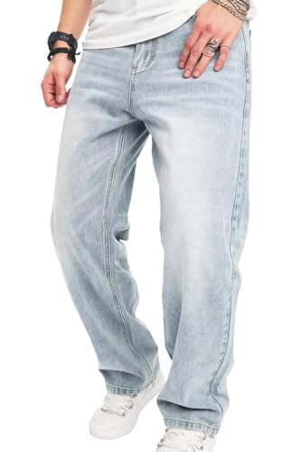 HENGAO Mens Baggy Jeans Hip Hop Trendy Wide Leg Skater Denim Pants Casual Loose Fit Trouser Streetwear
