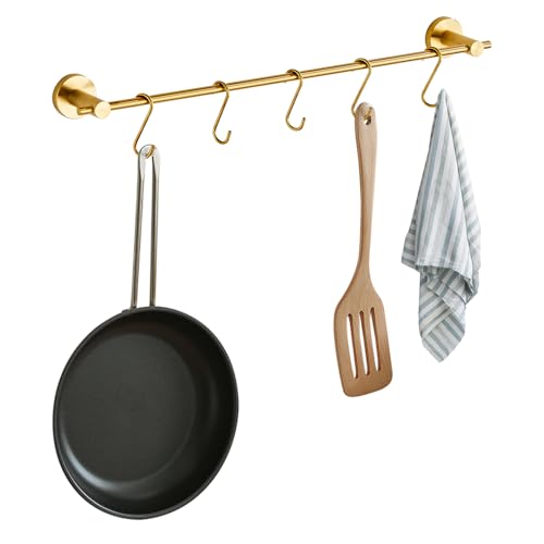 21.6 Inch Towel Bar with 5 S Shaped Hooks,Brass Towel Holder Brushed Gold Towel Rack for Bathroom Kitchen