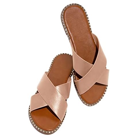 JeimPoey Womens Open Toe Slides Flat Sandals Studded Slip on Crossed Strap Beach Slipper Cover