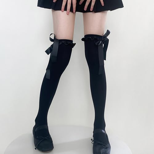Image of Thigh High Stockings with Bow, Santa Accessory Y2K Fishnet Socks with Lace Brim Lingerie Tights for Women