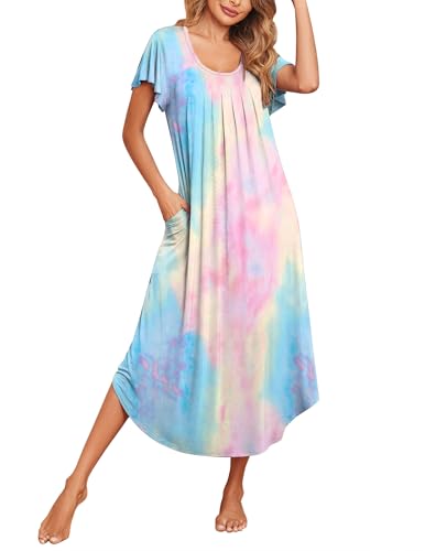 Ekouaer Long Nightgowns for Women with Pockets Short Sleeves Moo Moos for Women Casual House Dresses Pink Tie-dye 3XL
