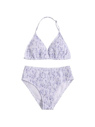 RoseSeek Girl's Tie Dye Smocked 2 Piece Swimwear Sets Backless Halter Bikini Cute Brief Bathing Suit Mauve Purple 11Y