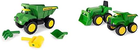 John Deere Big Scoop Dump Truck Toy with Sandbox Tools — 15 x 8.25 x 9.25 inches —Green & Vehicle Set - Includes Dump Truck Toy and Tractor Toy with Loader - Ages 18 Months and Up - 6 Inch - 2 Count