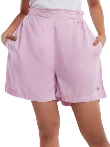 Image of NYKD Everyday Casual Cotton Shorts for Women with Stylish Ruffled Waistband Drawstrings and Side Pockets Night Wear Lounge Shorts - NYS036