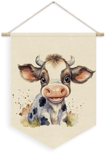XYDEG Cow Nursery Linen Canvas Banner, Farm Animal Cow Wall Hanging Pennant Flag Banner for Kids Nursery Boys Girls Toddler Room Bedroom Playroom Decor, 15x11in