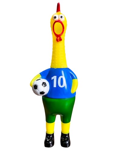 Squeaky Soccer Screaming Chicken Toy - 12 Inch Funny Football Player Rubber Chicken with Soccer Ball World Cup Viewing Party Fan Gift Supplies(Blue)