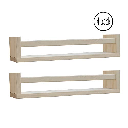 Crazymoto 4 Pack Kids Bookshelf Naturel Wood Floating Nursery Bookshelf Wall Shelves, Baby Kid's Nursery Room Decor,Bathroom, Kitchen Spice Rack, Or Book Shelf Organizer Cosmetic Storage #TOP6