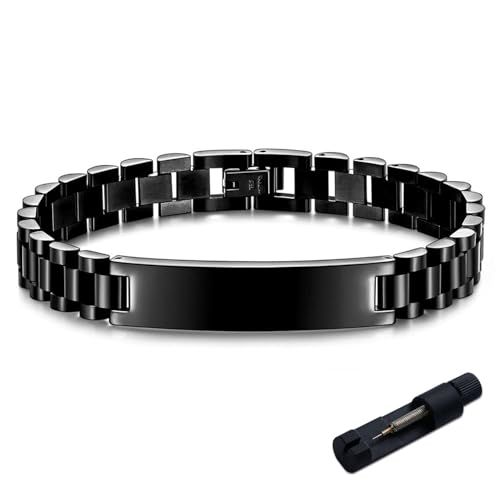 MYNENEY 10mm mens stainless steel bracelet Watch link chain bracelet for men Silver/Gold/Black-7.48/7.68/8.27 Inch Length Classic men Jewelry (10mm-Brand-Black, 8.3in)