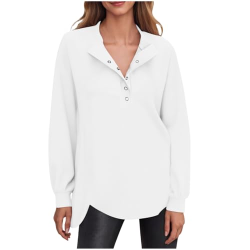 Women's Snap Button Up Sweatshirt Long Sleeve Tunic Henley Tops Loose Slit Casual Pullover Fall Winter Outfits White