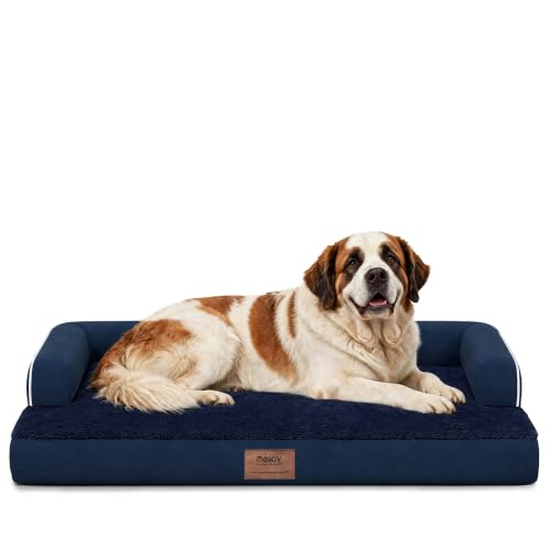 MEKIY Orthopedic Large Dog Bed Washable: Orthopedic Dog beds for Large XXXLarge Size Dogs, Waterproof Washable Cover with Egg Foam Removable Bolster, Navy Blue Pet Beds for Large Dogs