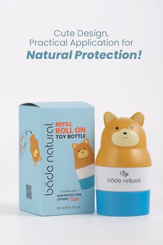 Image of Bade Natural Refillable Bear-Shaped Sunscreen Applicator for Kids - 3.7 fl oz Roll-On Bottle - Empty, Reusable Dispenser for SPF Lotion - Soft Applicator Tip, Travel-Friendly