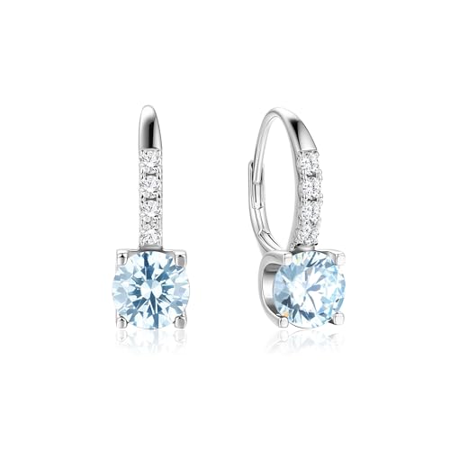 FANCIME 925 Sterling Silver Hoop Dangle Earrings Leverback Clasp 6.5mm Aquamarine Earrings March Birthstone Jewelry Gift for Women Mom Wife Her