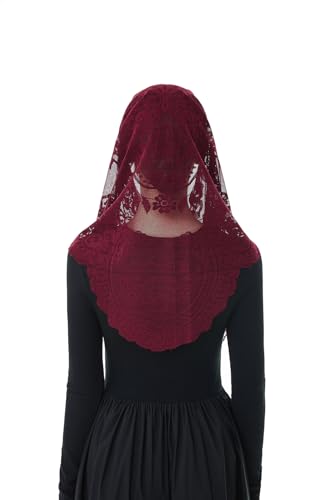 Wgior Elegant Veils for Catholic Church Lace Mantilla Chapel Veil for Women Traditional Prayer Headscarf,Religious Events (Burgundy)