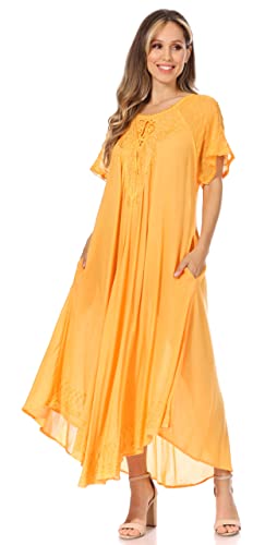 Image of Sakkas Egan Long Embroidered Caftan Dress /Cover Up with Embroidered Cap Sleeves