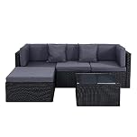 Panana Modular Rattan Garden Sofa Set, 4 Seater Freely Configurable Outdoor Sectional Furniture with Coffee Table, Cushions, Free Cover for Patio Conservatory (Black Rattan with Grey Cushions)