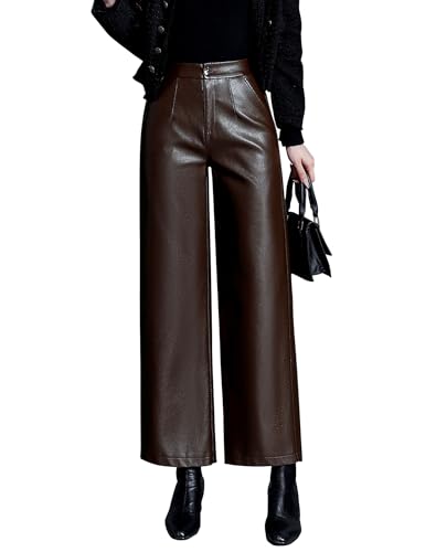 HaoMay Women's Faux Leather Pants Straight Wide Leg PU Trousers with Pockets(Coffee-S)