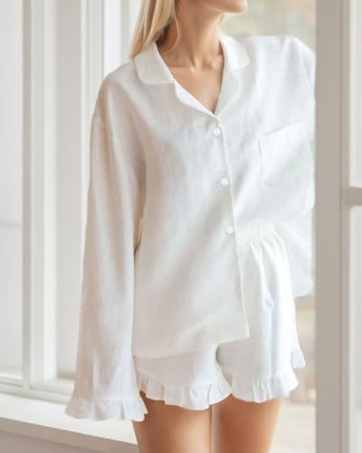 Womens Ruffle Pajama Sets 2 Piece Long Sleeve Button Down Shirt and Shorts Set Cozy Cotton Lounge Set2