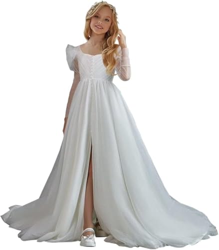 White Church Dress for Girls Long Sleeves Square First Communion Dresses Junior Bridesmaid Dress Slit