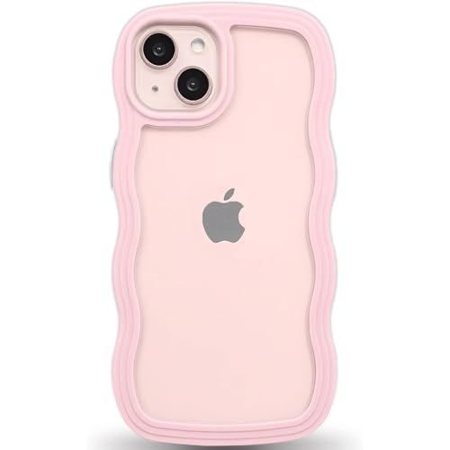 Image of GoldKart iPhone 13 /14 Case Wavy Edge Clear Back Design, Anti-Slip Grip Cute Wave Curly Frame Shape Shockproof Soft TPU & Hard PC Bumper Protective Phone Case Cover for Women Girls - Pink