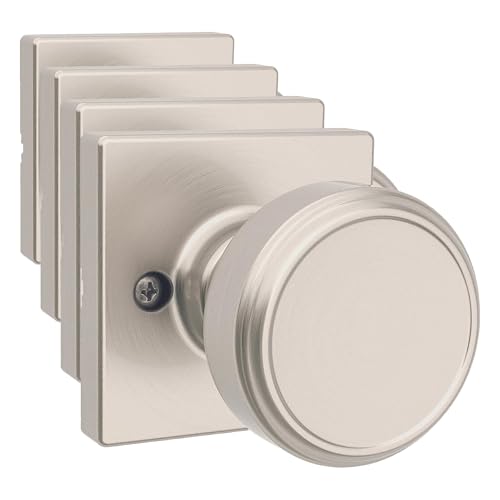 Image of Kwikset Maven Dummy Door Knob, Single Sided Handle for Closets, French Double Doors, and Pantry, Satin Nickel Non-Turning Square Interior Push /Pull Door Knob, with Microban Protection (Pack of 4)