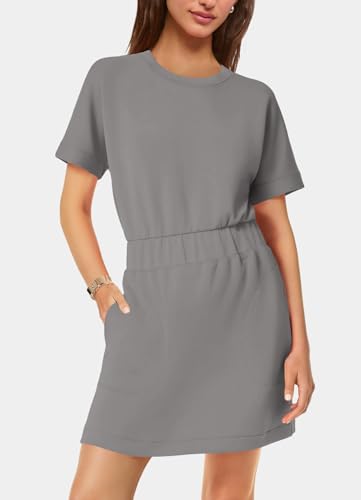Image of SENSERISE Womens Short Sleeve T Shirt Dresses Crew Neck Solid Color Basic Smocked Waist Dress with Pockets