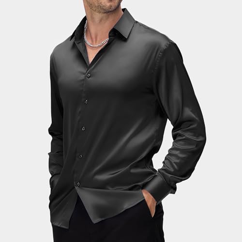 WARHORSEE Mens Silk Satin Dress Shirts Shiny Long Sleeve Button Down Shirt Party Prom Wedding Shirt4